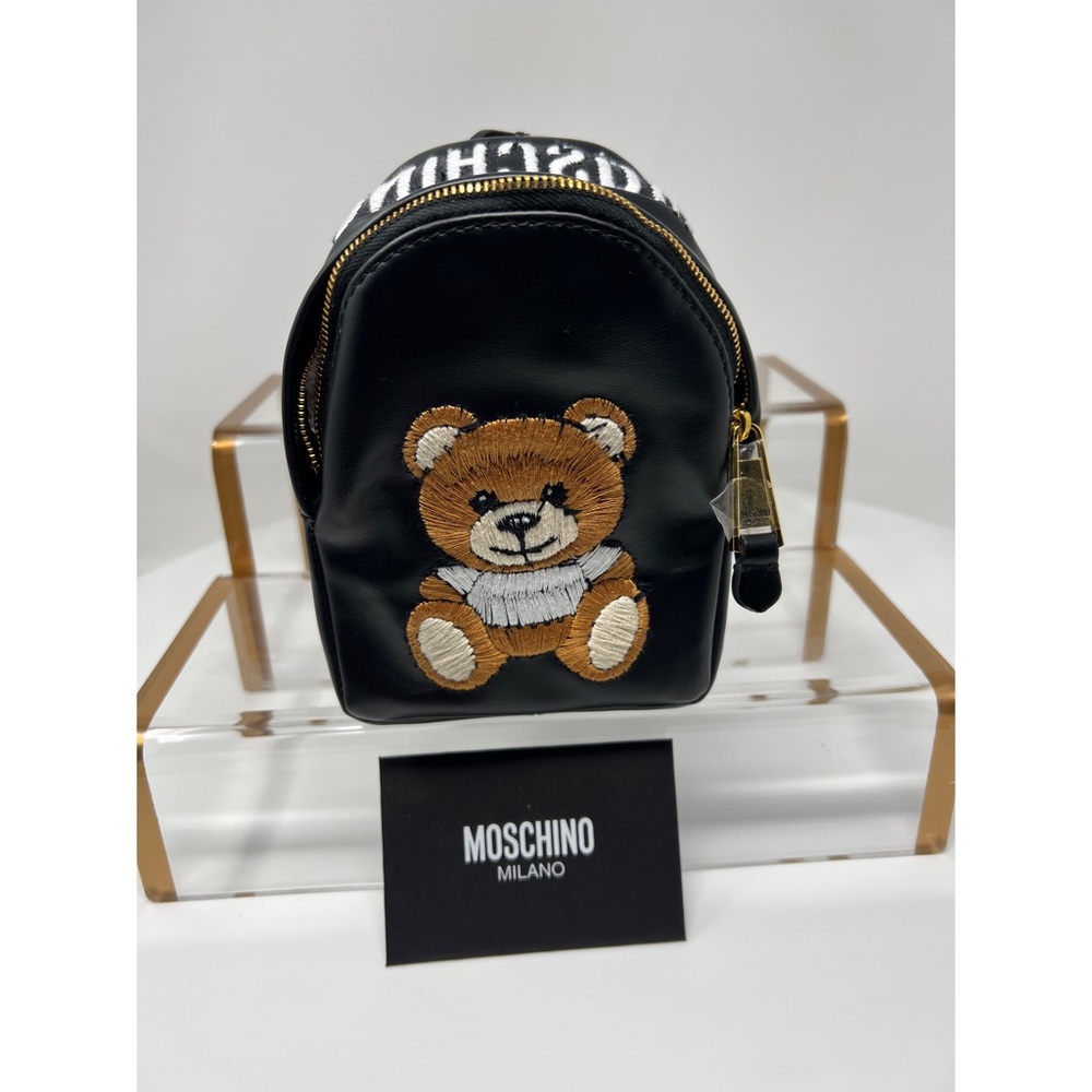 Moschino mini Teddy bear embroidered branded backpack black with gold hardware